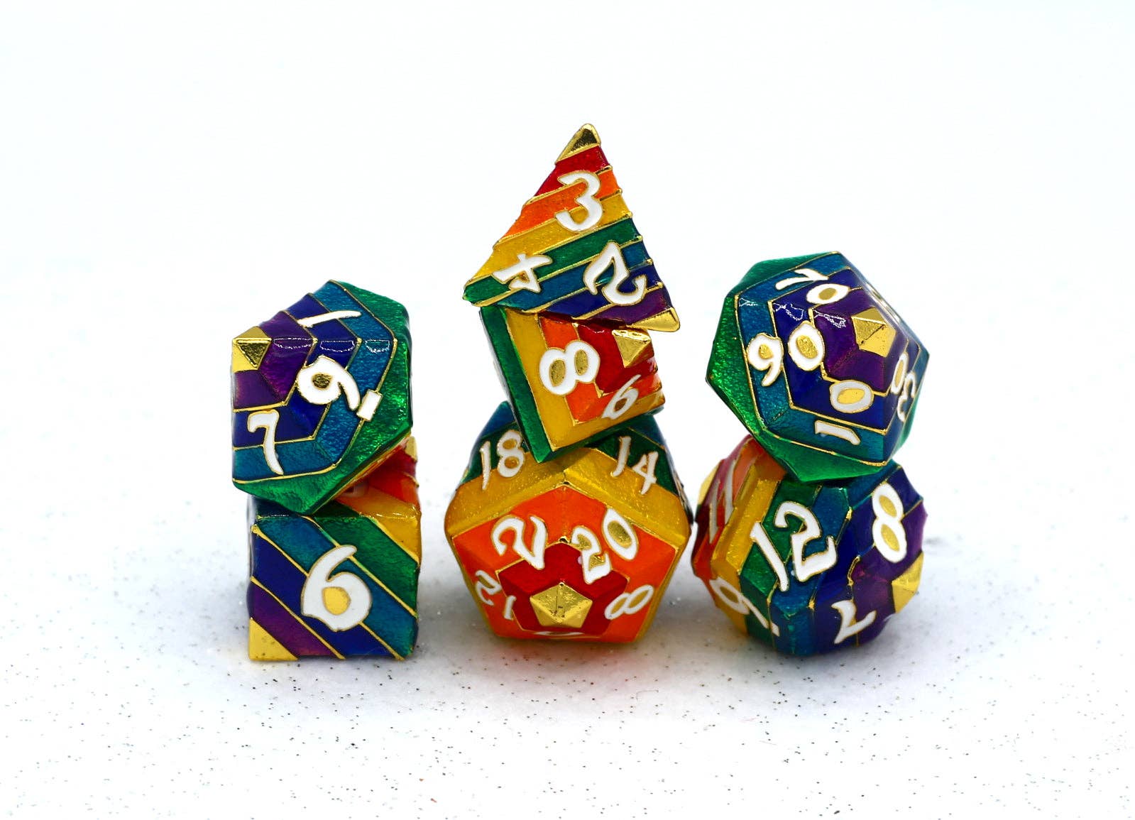 Hymgho Premium Dice - Rainbow Pride solid metal dice set - Gold with White