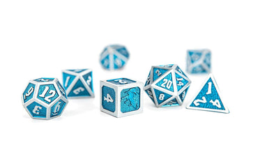 Hymgho Premium Dice - Draconis Solid Metal Polyhedral Dice set - Brushed Iron/blue