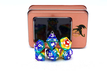 Hymgho Premium Dice - Rainbow Pride solid metal dice set - Silver with White