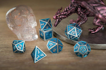 Hymgho Premium Dice - Draconis Solid Metal Polyhedral Dice set - Brushed Iron/blue