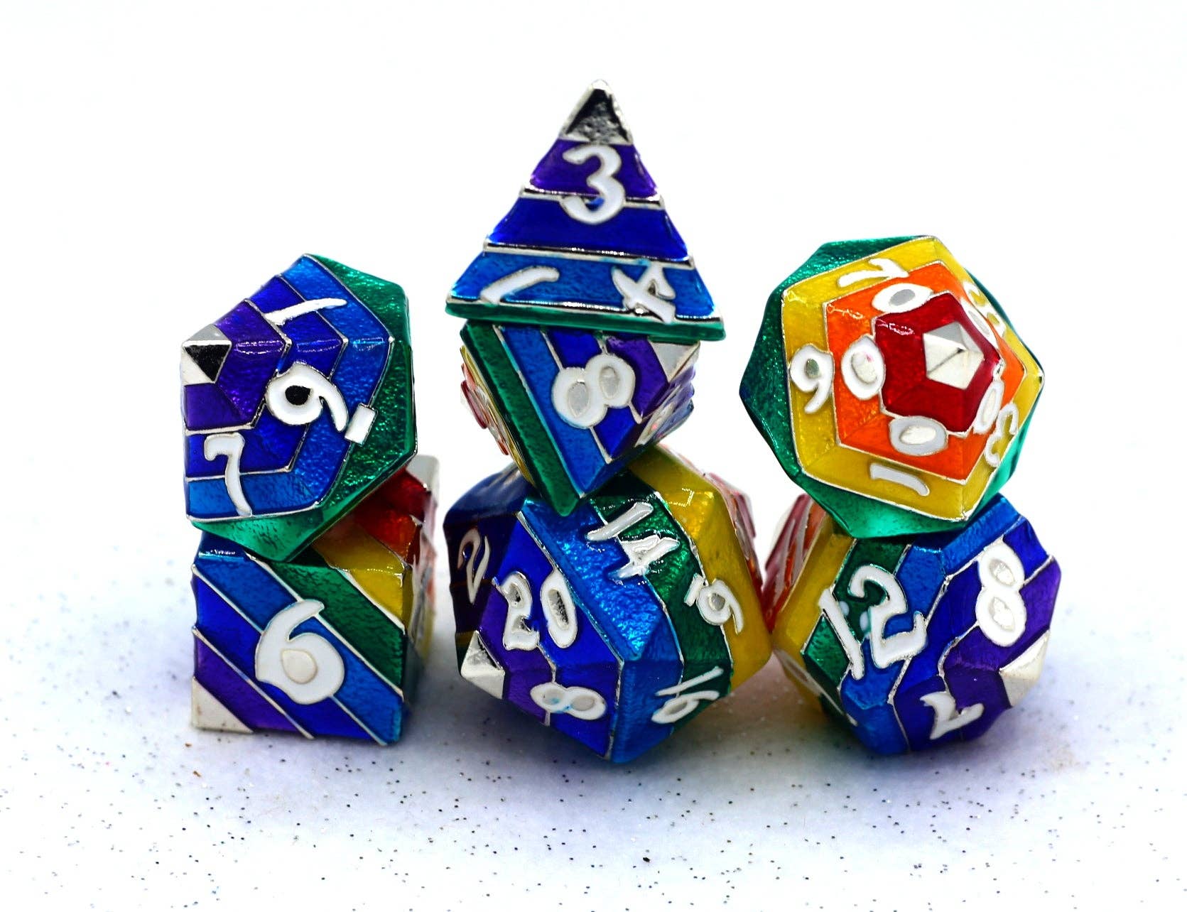 Hymgho Premium Dice - Rainbow Pride solid metal dice set - Silver with White