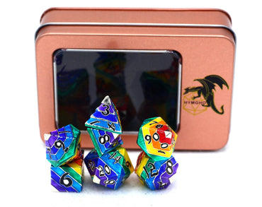 Hymgho Premium Dice - Rainbow Pride solid metal dice set - Silver with Black