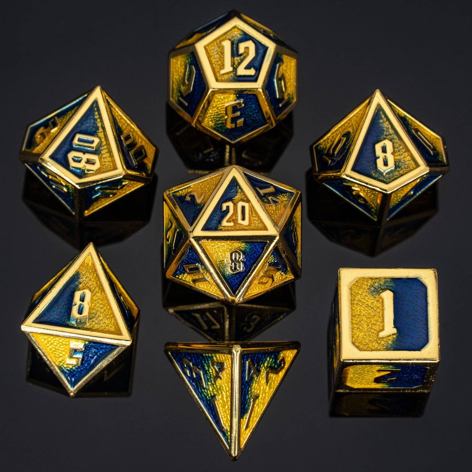 Hymgho Premium Dice - Draconis Solid Metal Polyhedral Dice set - Gold w/ Yellow
