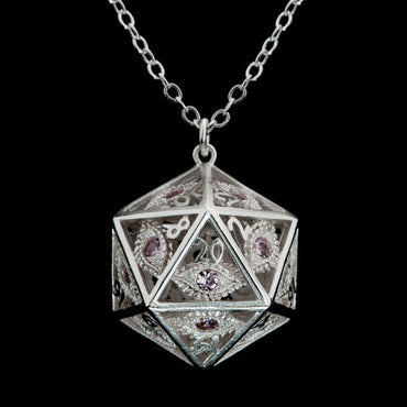 Hymgho Premium Dice - Dragon's Eye D20 Necklace - Silver with Pink Gems