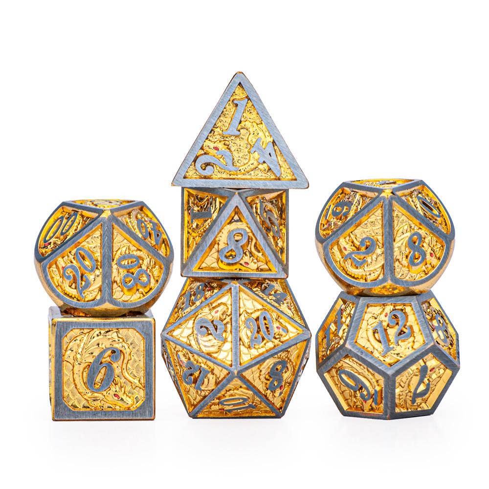 Hymgho Premium Dice - Brushed Gold Solid Metal Dragon Polyhedral Dice Set