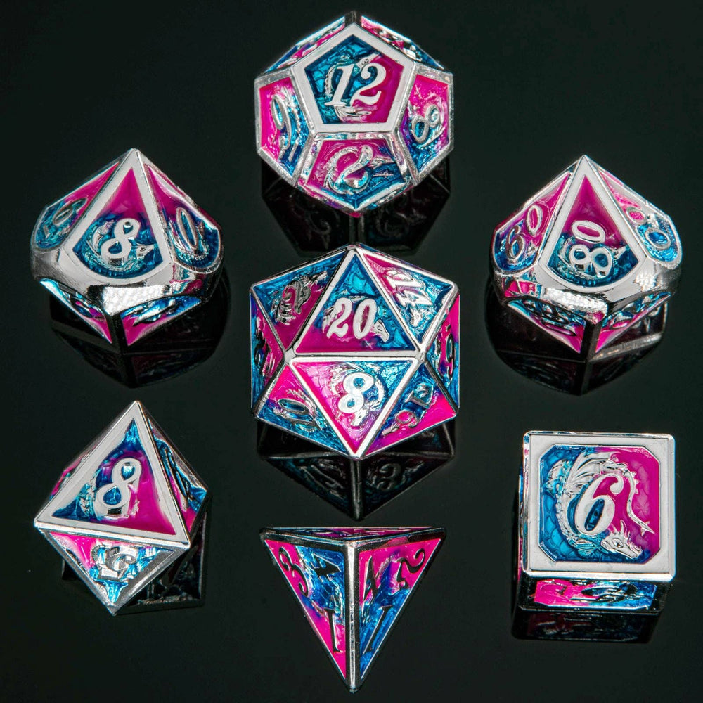 Hymgho Premium Dice - BRL116 Solid Metal Dragon Polyhedral Dice Set - Silver with Pink and Blue