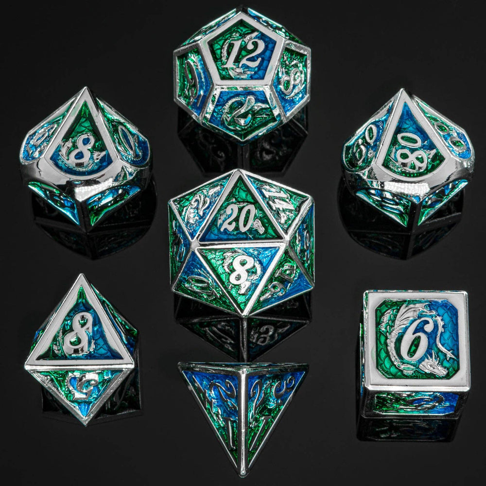 Hymgho Premium Dice - Solid Metal Dragon Polyhedral Dice - Silver w/ green & blue