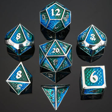 Hymgho Premium Dice - Solid Metal Behemoth Dice set - Silver with Green and blue