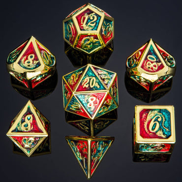 Hymgho Premium Dice - BRL117 Solid Metal Dragon Polyhedral Dice Set - Gold with Red and Blue