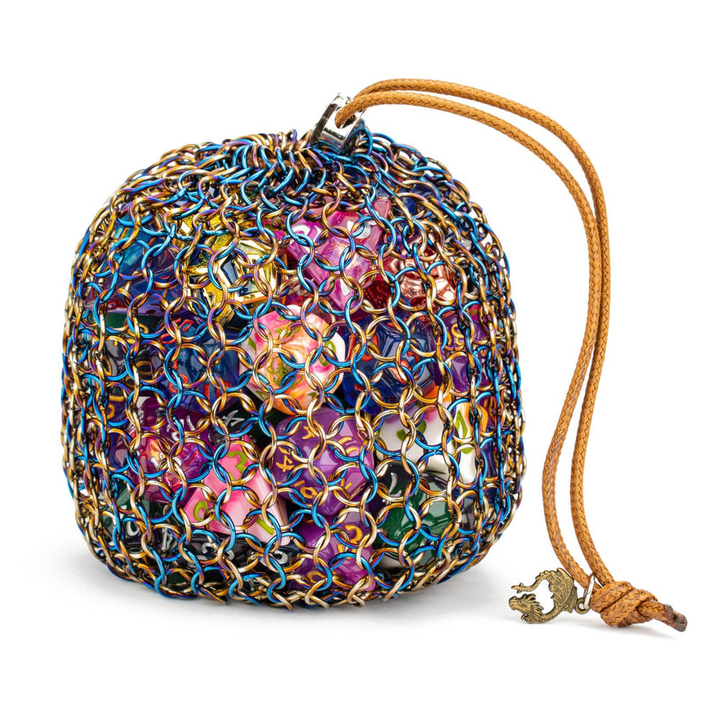 Hymgho Premium Dice - Hero's Chainmail Dice Bag - Blue & Gold