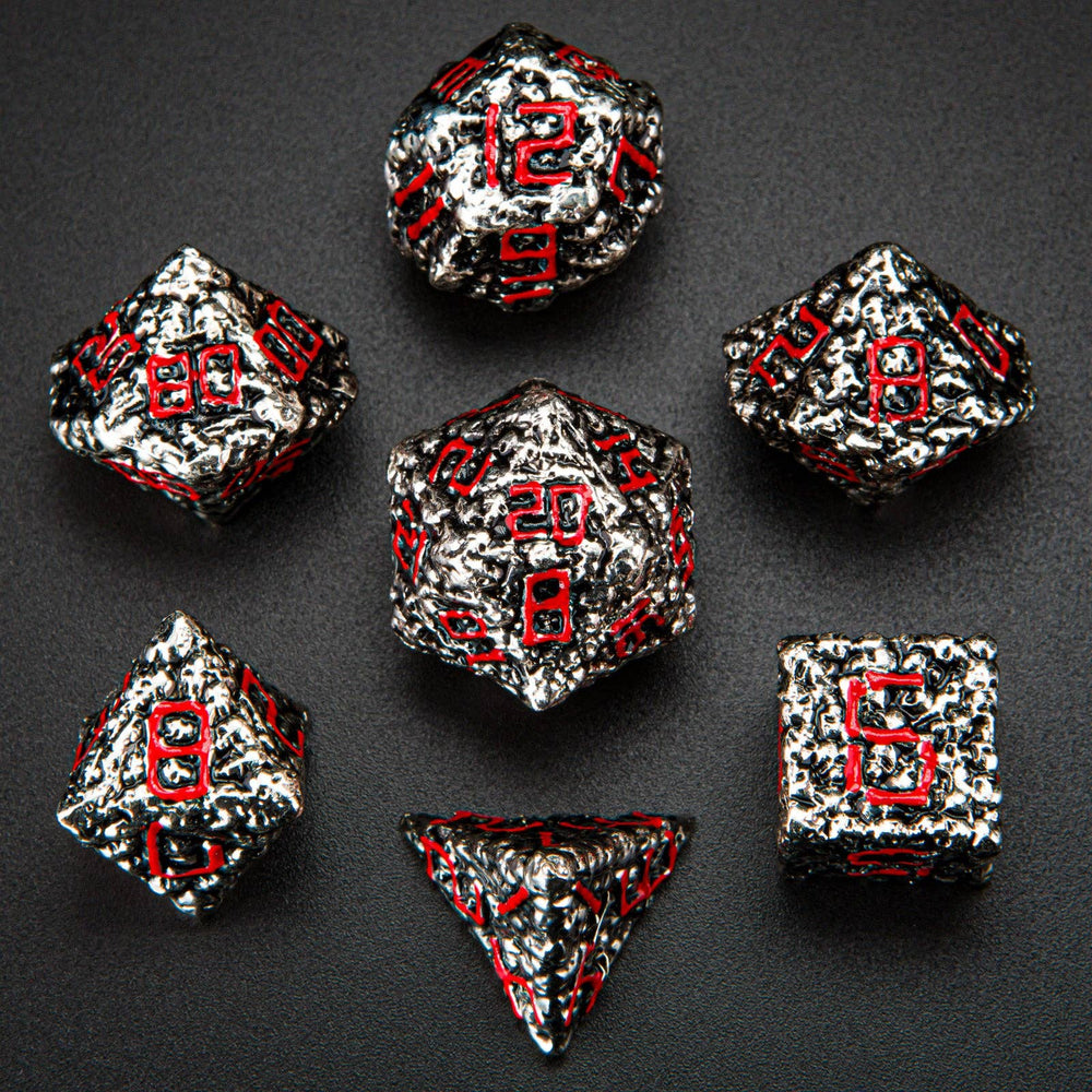 Hymgho Premium Dice - Pile of Skulls Solid Metal Dice Set - Silver w/Red numbers