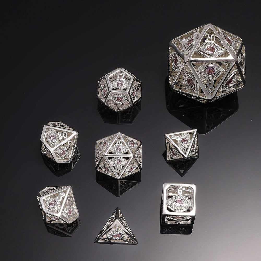 Hymgho Premium Dice - MINI Dragon's Eye Hollow Metal Dice Set - Pink Gems