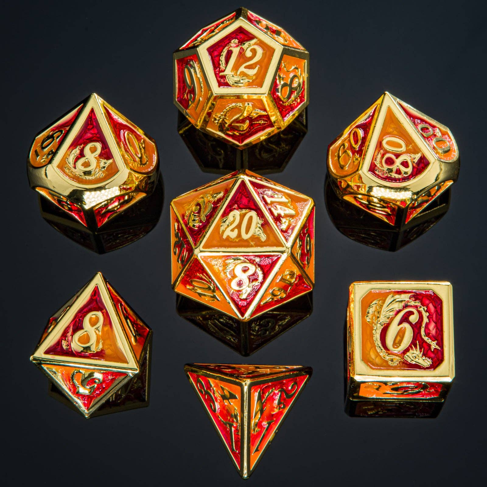 Hymgho Premium Dice - Solid Metal Dragon Polyhedral Dice - Gold w/ Red and Orange