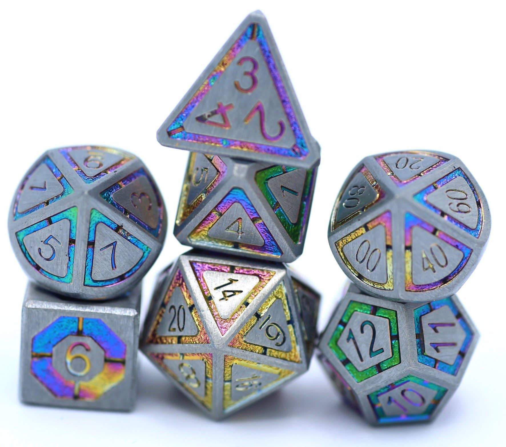 Hymgho Premium Dice - Gunmetal with Rainbow Chrome Inlay Leyline Solid Metal Dice