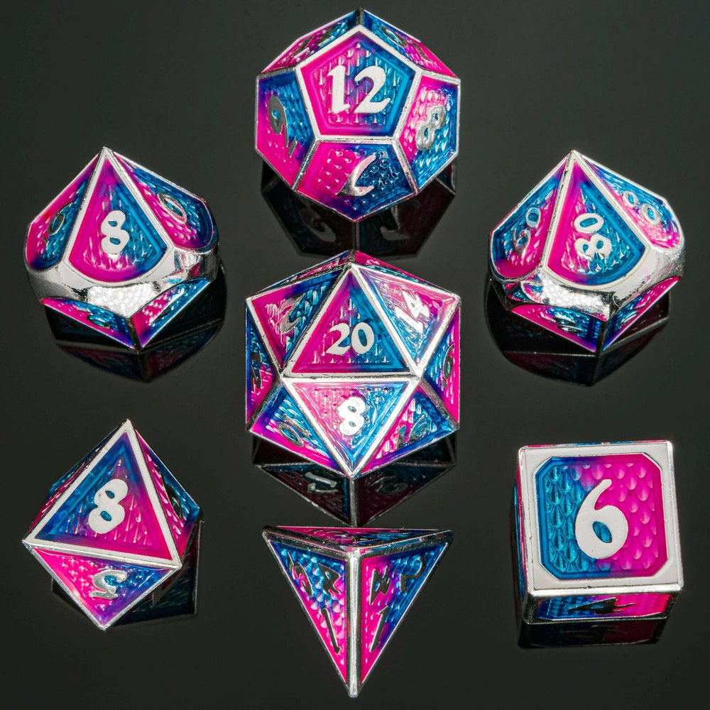 Hymgho Premium Dice - HY00207 Solid Metal Behemoth Dice set - Silver with Pink and Blue