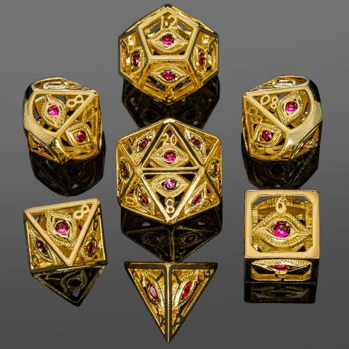 Hymgho Premium Dice - Dragon's Eye Hollow Metal Dice Set - Ruby Red Gems