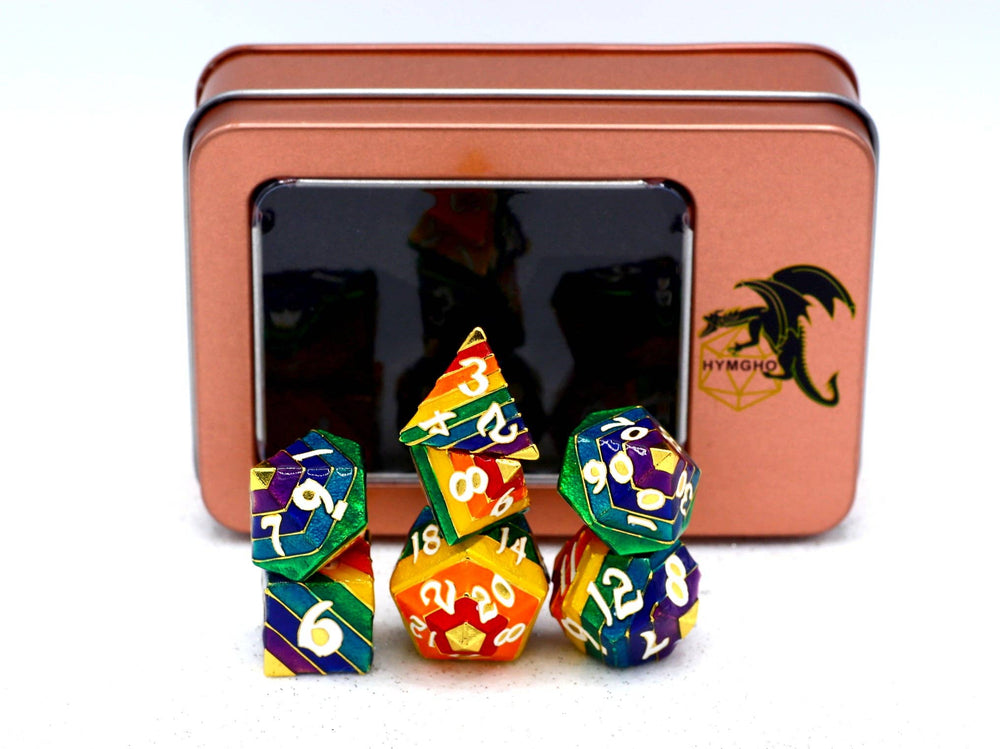 Hymgho Premium Dice - Rainbow Pride solid metal dice set - Gold with White