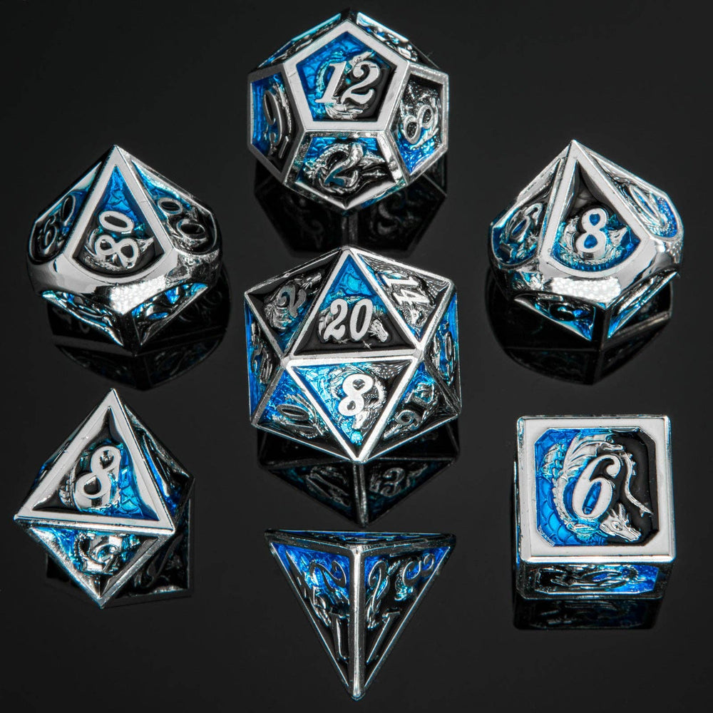 Hymgho Premium Dice - Solid Metal Dragon Polyhedral Dice - Silver w/ Blue & Pink